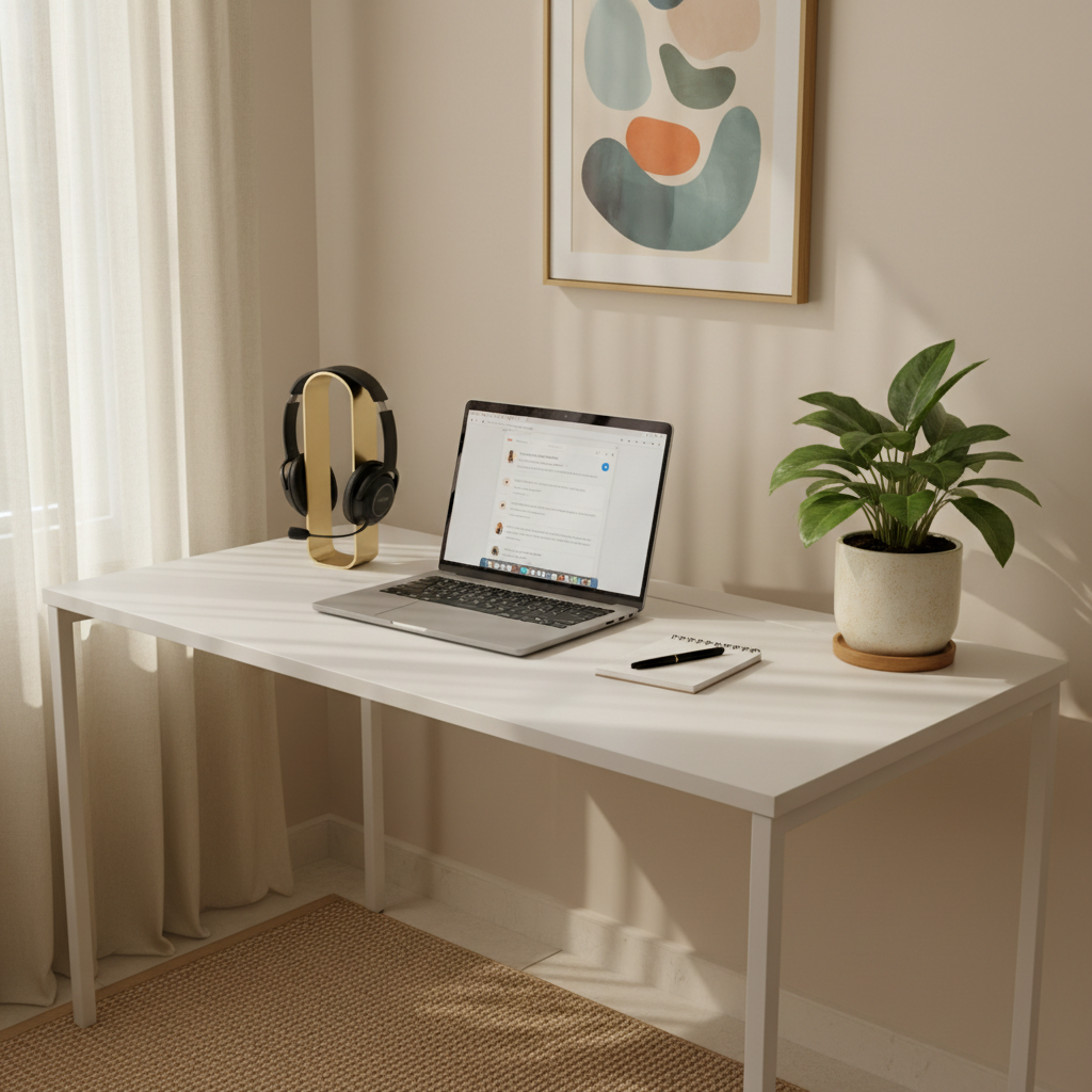 A bright, compact home workspace in Ghana tailored for remote customer support, depicted in photographic realism without people. A simple white desk holds a slim laptop with an open chat interface, a noise-cancelling headset on a dedicated stand, and a small notepad with a pen carefully aligned. To the side sits a thriving leafy plant in a textured ceramic pot, adding warmth. The room’s walls are soft neutral tones, with a single abstract art print adding subtle color. Morning sunlight filters through sheer curtains, creating gentle patterns on the desk and floor. Shot from a three-quarter angle with moderate depth of field, the mood is calm, reliable, and welcoming, suggesting a professional yet human-centered support environment.