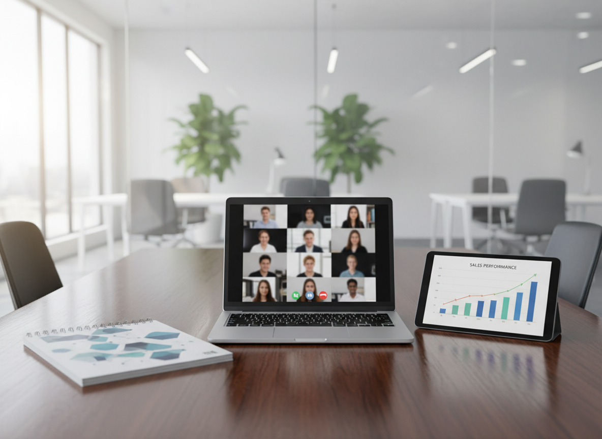A close-up photographic shot of a polished dark-wood conference table during a virtual strategy session, without any people visible. On the table sit an open laptop showing a blurred grid of video call participants, a slim tablet with a sales performance chart, and a spiral-bound document labeled only with abstract geometric shapes instead of text. A glass wall behind reveals an airy office with green plants and minimalist furniture, softly blurred. Natural daylight streams in from the side, creating crisp reflections on the devices and table surface. The mood is focused and strategic, with a clean, modern composition using shallow depth of field to draw attention to the technology that enables outsourced sales and support collaboration.