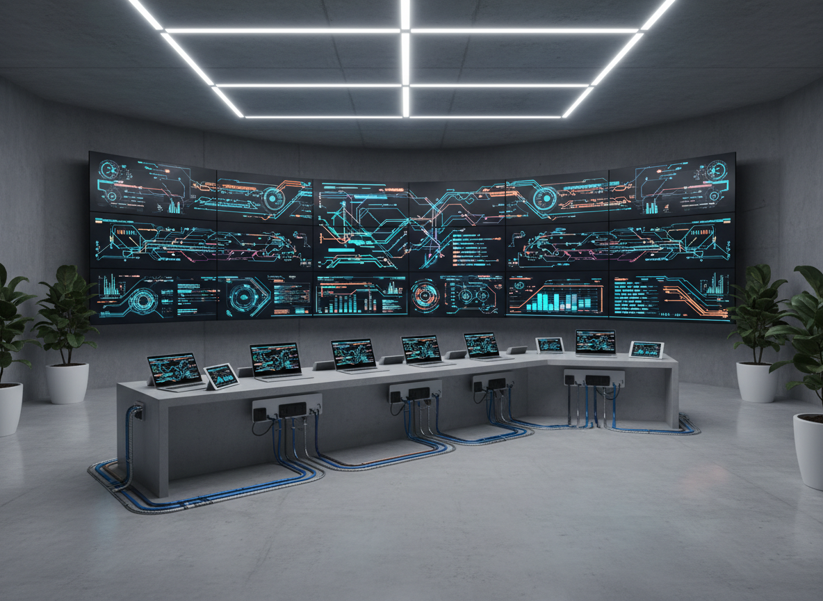A clean, data-driven command center scene focused on business operations outsourcing, rendered in crisp photographic detail. Multiple wall-mounted screens display colorful but non-legible process flows, timelines, and performance indicators made of abstract shapes and bars. Below, a long workstation holds several synchronized laptops and tablets, all connected by neatly managed cables and docking stations. The environment features muted gray walls, a polished concrete floor, and a few large potted plants to soften the space. Cool, even LED ceiling lighting creates minimal shadows and a high-tech feel. Shot from a wide-angle perspective with strong depth of field, the composition communicates control, scalability, and reliability in managing remote business operations for growing companies.