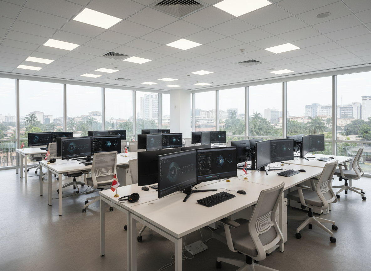 A panoramic photographic view of a bright, modern remote operations hub in Accra, Ghana, expressed only through architectural and technological details. Rows of contemporary white desks hold multiple laptops, curved monitors, and neatly coiled headsets, with small flags of North American countries standing on a few desks as subtle client references. Large windows reveal hints of a lush, tropical cityscape beyond. Diffused afternoon sunlight combines with recessed ceiling lights, creating an evenly lit, productive atmosphere. Captured from a slightly elevated angle with sharp focus throughout, the scene feels authentic, organized, and quietly energetic, embodying the professionalism of Ghana-based remote talent serving international businesses.