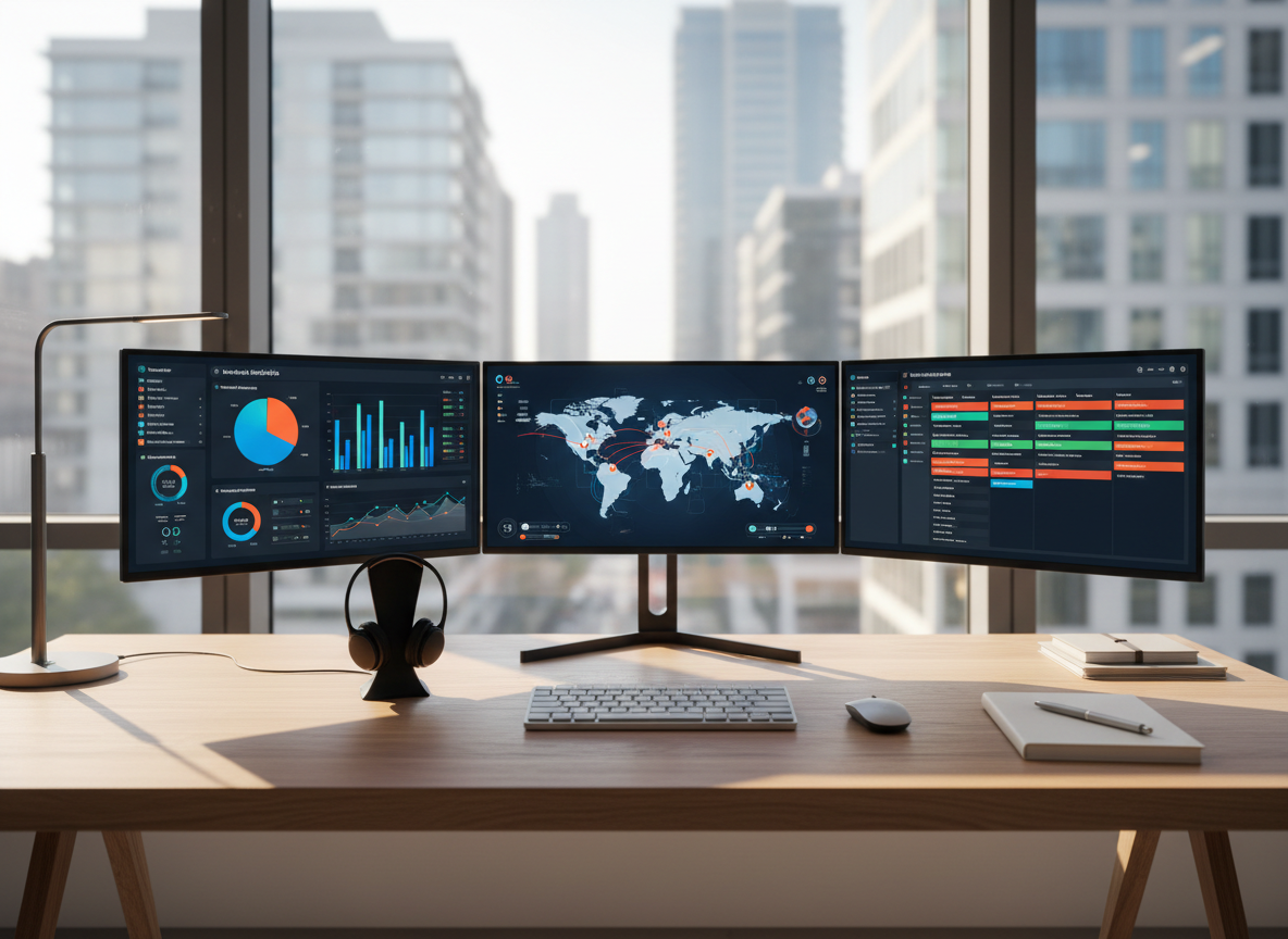 A sleek, wide workstation with three ultra-thin bezel monitors displaying colorful analytics dashboards, global maps, and workflow boards, all rendered in sharp photographic realism. The desk surface is a light oak wood with a subtle grain, holding a high-end keyboard, wireless headset stand, and a neatly organized notepad and pen. Through a large window, a modern city skyline is softly out of focus. Late morning natural light and a discreet desk lamp create balanced, professional illumination with gentle shadows. Shot at eye level with a slight angle, the composition emphasizes clarity, efficiency, and a clean, modern aesthetic that represents streamlined outsourcing operations without showing any people.